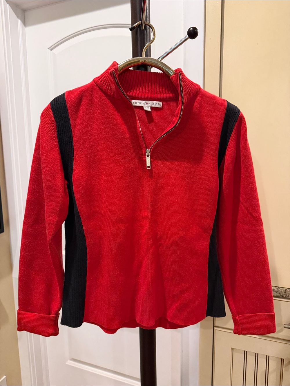 Tommy Hilfiger Red and Black Quarter-Zip Turtleneck Mock Neck Sweater - Picture 1 of 4